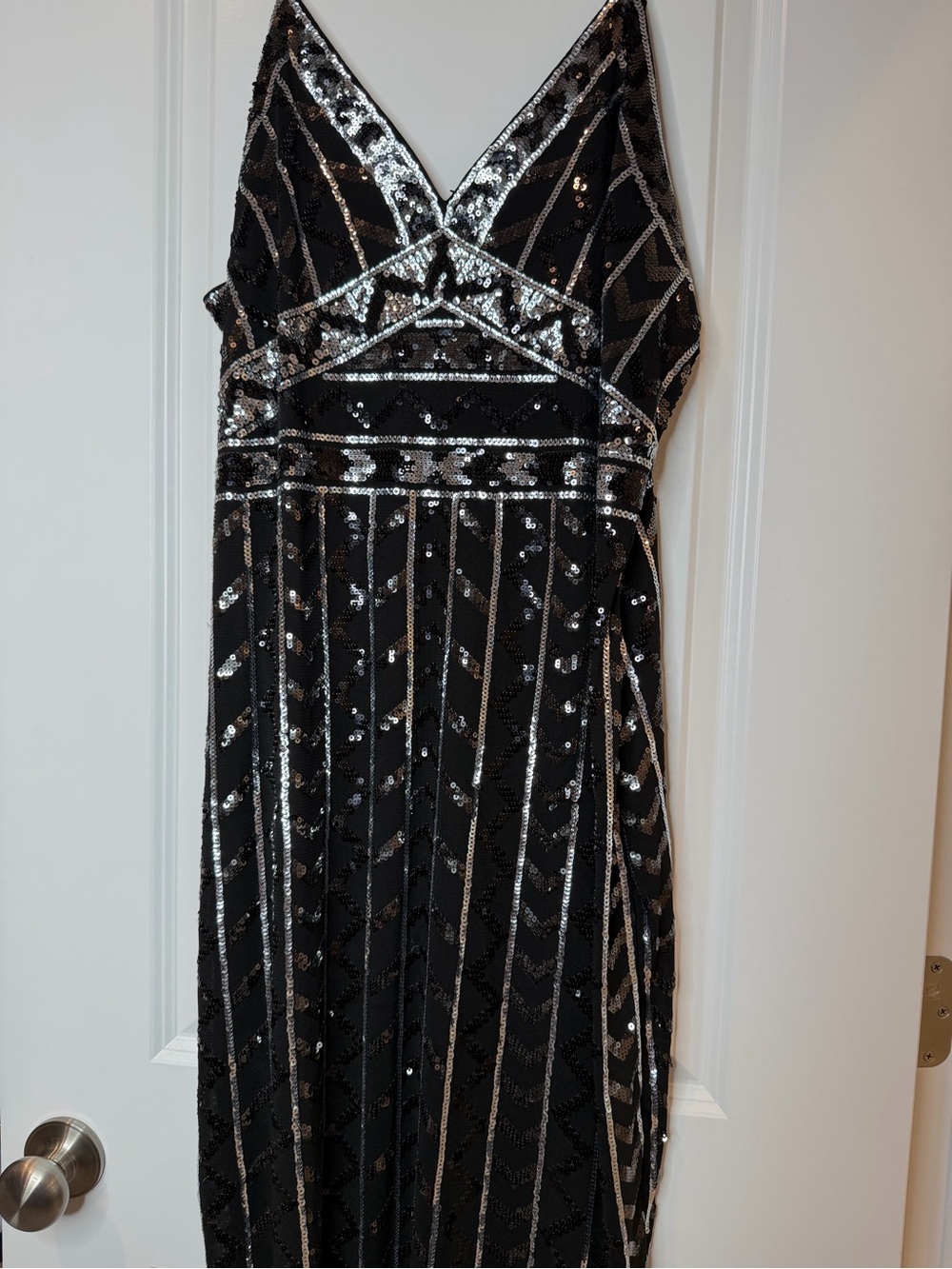 Express Black Sequin Evening Dress with Silver Accents